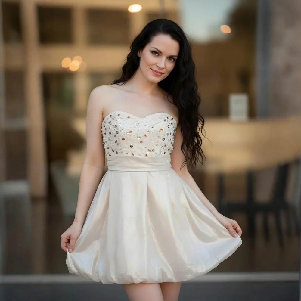 Mark + James ✦ Champagne Beaded Balloon Skirt Mini Dress ✦ Strapless Tube 4 NWT - Picture 10 of 16